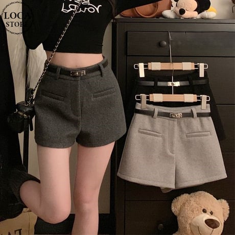 ショートパンツ ウール ハイウエスト スリム Aライン フェイクウール ショートボトム レトロ 韓国ファッション レディース 大人可愛い ガーリー カジュアル DTCA-859331219129