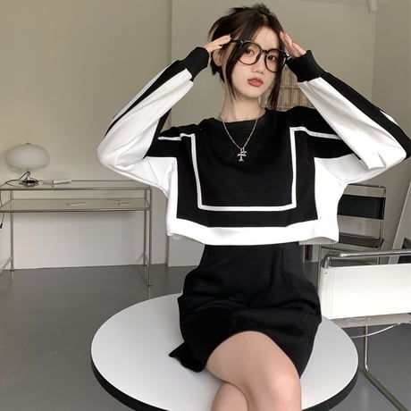 フェイクレイヤード ワンピース バイカラー ドッキングワンピース ルーズ ハイウエスト 長袖 レトロ 韓国ファッション レディース 大人可愛い ガーリー DTC-683954252526