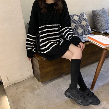 ニット セーター ケーブル編み ボーダー ラウンドネック ルーズ 韓国ファッション レディース トップス ゆったり 大きめ プルオーバー 大人カジュアル 大人可愛い DTC-630816692668