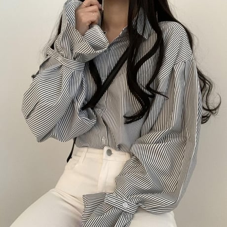 ストライプ柄 ブラウス パフスリーブ 袖ベルト シャツ トップス ルーズ 長袖 レトロ 韓国ファッション レディース 大人可愛い ガーリー DTCA-781970734875