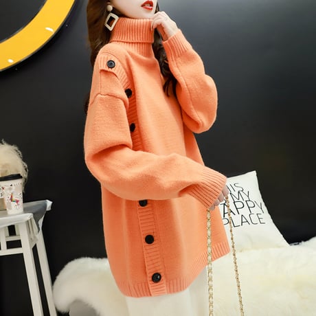 ボタンデザイン ニット セーター ハイネック 厚手 オーバーサイズ 韓国ファッション レディース トップス プルオーバー ルーズ 長袖 大人可愛い ガーリー DTC-610331885707