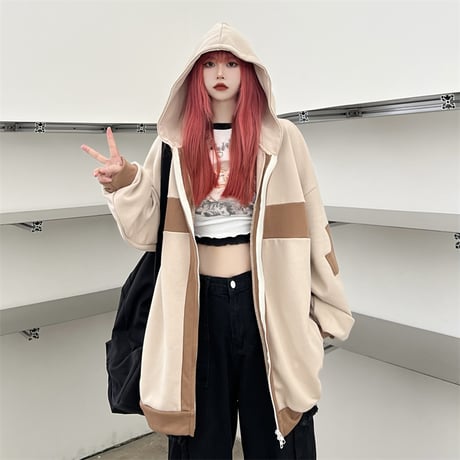 ユニセックス パーカー ジップアップ バイカラー クロスデザイン オーバーサイズ カジュアル 韓国ファッション メンズ レディース 韓国ストリートファッション DTC-681105858978
