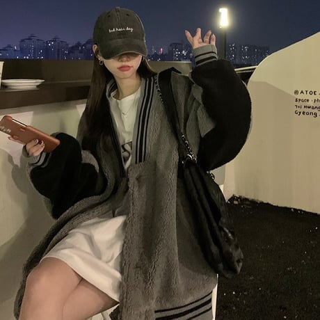ボアスタジャン バイカラー フリース アウター フェイクラムウール オーバーサイズ 長袖 ルーズ レトロ 韓国ファッション レディース 大人可愛い ガーリー DTC-689307846858