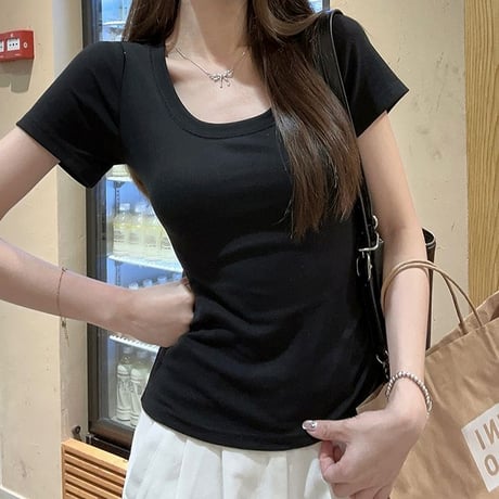 6COLOR Tシャツ 半袖 Uネック スリムフィット ショート丈 トップス レトロ 韓国ファッション レディース 大人可愛い ガーリー DTC-792036557105