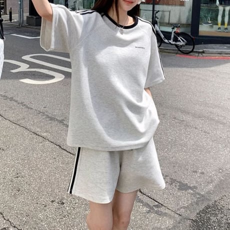 セットアップ 2点セット サイドライン tシャツ ショートパンツ ロゴ オーバーサイズ クルーネック 無地 ルームウェア ルーズ レトロ カジュアル DTCA-820351715781