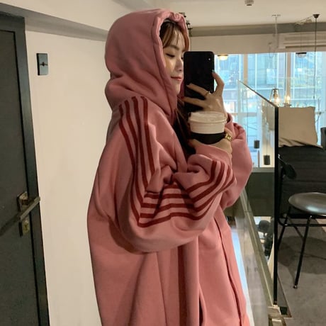 パーカー 裏起毛 袖ライン ジップアップ プラスベルベット 長袖 オーバーサイズ 韓国ファッション レディース ルーズ カジュアル ストリートファッション DTCA-732271460143