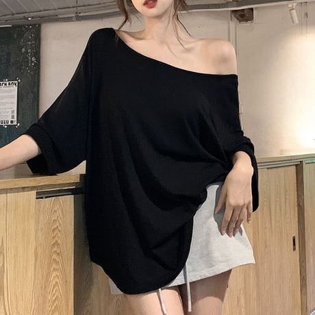 バックオープン Tシャツ 背中開き オーバーサイズ ドロップショルダー トップス ルーズ レトロ 韓国ファッション レディース 大人可愛い ガーリー DTC-810583573440