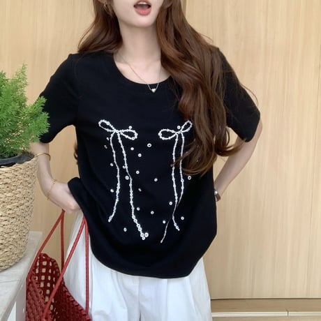 リボンプリント Tシャツ オーバーサイズ トップス ルーズ ゆったり 半袖 レトロ  大人可愛い ガーリー カジュアル フェミニン DTCA-780996917013