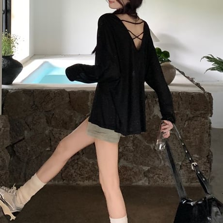 シアートップス オープンバック 背中開き ドロップショルダー 薄手 Tシャツ ルーズ 長袖 Y2K レトロ 韓国ファッション レディース 大人可愛い ガーリー DTC-804963664742