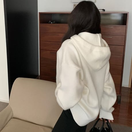 ニットパーカー ロゴ ジャガードニット フード付きニット セーター プルオーバー トップス ルーズ 長袖 レトロ 大人可愛い ガーリー カジュアル DTCA-845962810287