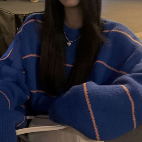 ボーダー ニットセーター プルオーバー クルーネック 厚手 長袖 ルーズ ゆったり レトロ 韓国ファッション レディース  大人可愛い ガーリー カジュアル DTC-658401914498