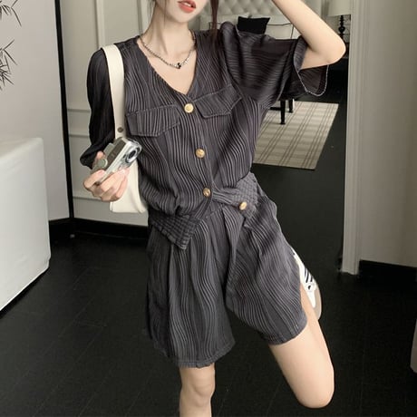 セットアップ 上下セット ノーカラージャケット ショートパンツ 半袖 ハイウエスト レトロ 韓国ファッション レディース 大人可愛い ガーリー カジュアル DTC-715103041687