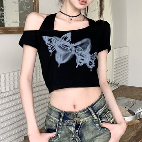 オフショルダー Tシャツ ホルターネック クロップド丈 バタフライ トップス スリムフィット レトロ 韓国ファッション レディース 大人可愛い ガーリー DTC-770278754668