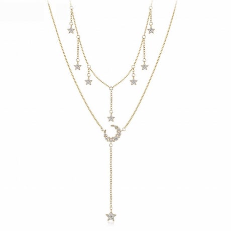 ネックレス レディース ムーン＆スター ゴールド ジルコニア 2連ネックレス 合金 金メッキ メッキ18K シンプル ペンダント 人気 ジュエリー チェーン付 (DTC-571418710233)