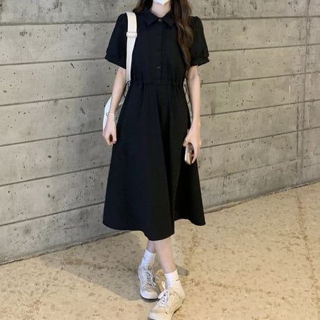 襟付き ワンピース ウエストドロスト 半袖 ランタンスリーブ フロントボタン ロングワンピース  ルーズ 韓国ファッション レディース 大人可愛い ガーリー DTC-722937125836
