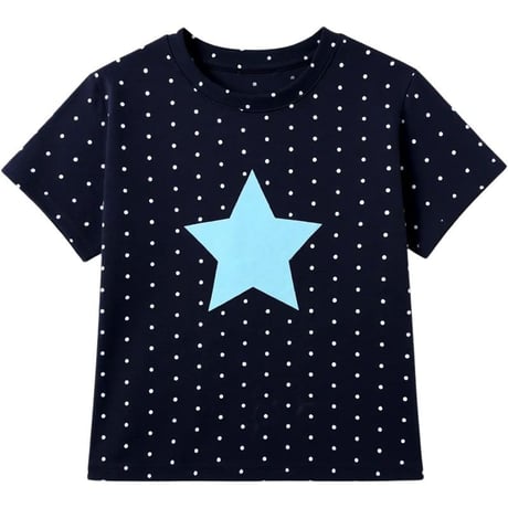 tシャツ ドット柄 スター 星 ショート丈 クルーネック タイト トップス スリムフィット タイトシルエット 半袖 レトロ 大人可愛い ガーリー カジュアル DTCA-1039930699153