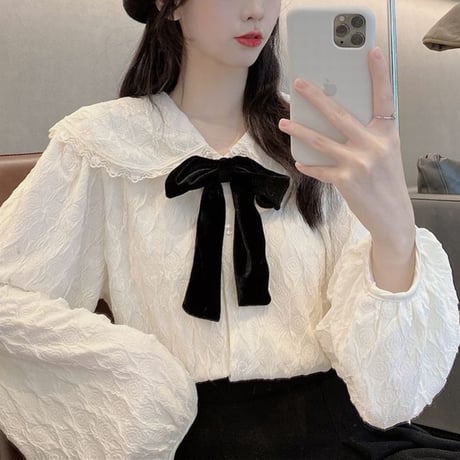 リボンタイ付き ブラウス 大きい襟 パフ袖 長袖 ルーズ レトロ 韓国ファッション レディース 大人可愛い ガーリー フェミニン DTC-654889582920