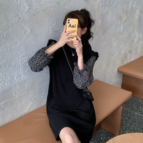 ドッキングワンピース フェイクレイヤード ロング丈 花柄袖 韓国ファッション レディース ニットワンピース ハイウエスト 大人可愛い ガーリー DTC-628769274586