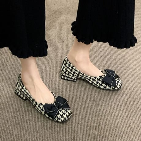 パンプス リボン 22.5～24.5cm ローヒール 無地 千鳥格子 ブロックチェック柄 スクエアトゥ 歩きやすい 疲れない 美脚 韓国ファッション レディース DTC-667471065802