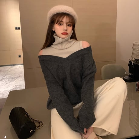 ドッキング ニット セーター ハイネック オープンショルダー 韓国ファッション レディース フェイクレイヤード 肩あき ルーズ ゆったり 大人可愛い ガーリー DTC-630951104613