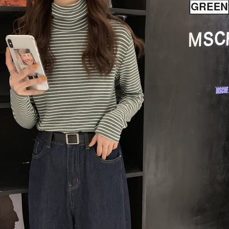 ストライプ スリムフィット カットソー ハイネック 韓国ファッション レディース 起毛 タートルネック タイト 長袖 Tシャツ レトロ (DTC-608574695103)