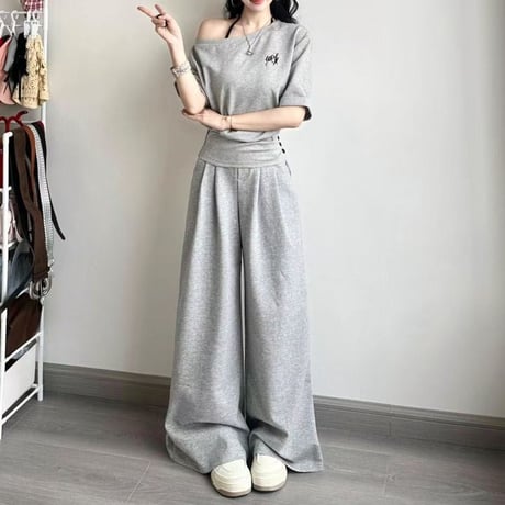 セットアップ 上下セット スウェット オフショルダー tシャツ トップス ワイドパンツ ハイウエスト オフショル レトロ 大人可愛い ガーリー カジュアル DTCA-920359912258