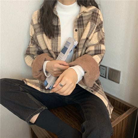 裏起毛 チェック柄 シャツ アウター チェックシャツ 長袖 厚手 暖かい レトロ 韓国ファッション レディース  カジュアル もこもこ ゆったり ボア おしゃれ DTC-658487637007