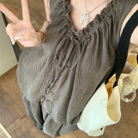 セットアップ 2点セット ノースリーブ シャツ ワイドパンツ ルーズ トップス モップパンツ レトロ 韓国ファッション レディース 大人可愛い ガーリー DTC-798283919671