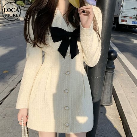 リボン ワンピース 襟付き ハイウエスト ショート丈 レトロ 韓国ファッション レディース 大人可愛い ガーリー フェミニン DTC-667685671429