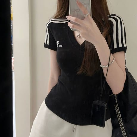 Tシャツ サイドライン Vネック スリムフィット トップス 半袖 レトロ 韓国ファッション レディース 大人可愛い ガーリー スポーツミックス カジュアル DTC-802358222607