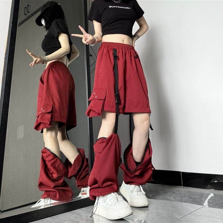 2WAY カーゴパンツ ワイドパンツ バックルベルト ストラップ ミリタリーパンツ アシンメトリー ウエストゴム 韓国ファッション レディース カジュアル DTC-656242658198_2