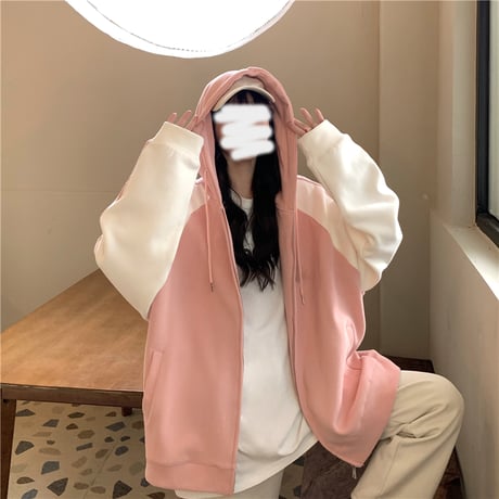 パーカー 袖ライン バイカラー ジップアップ 長袖 オーバーサイズ ゆったり レトロ 韓国ファッション レディース 大人可愛い ガーリー カジュアル DTC-656269992331