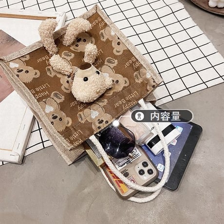 クマのぬいぐるみ付き 麻バッグ クマ柄 ハンドバッグ キャンバスバッグ ミニバッグ ジッパー シンプル レトロ DTC-642371601971