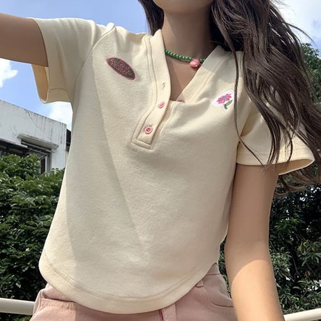 ヘンリーネック Tシャツ 花 ショート丈 半袖 トップス Vネック クロップド丈 レトロ 韓国ファッション レディース 大人可愛い ガーリー DTC-677869246820