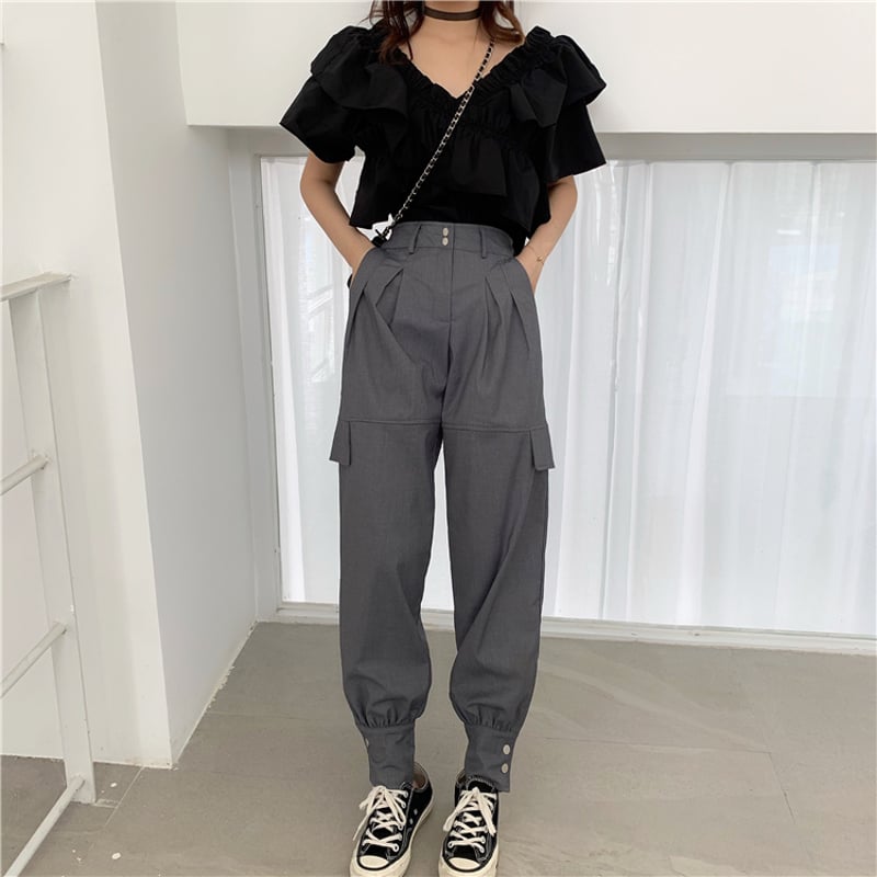 セットアップ 2WAYブラウス ＋ 裾ボタンタックパンツ 韓国ファッション  