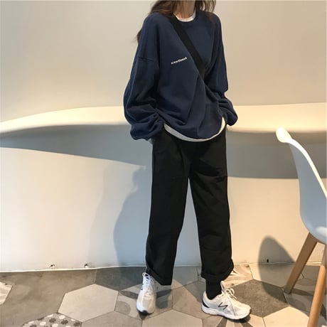 スウェット トレーナー 薄手 オーバーサイズ シンプル クルーネック プルオーバー ドロップショルダー ゆったり ルーズ 長袖 レトロ カジュアル DTCA-720643896669