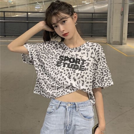 ヒョウ柄 クロップド丈 Tシャツ へそ出し 半袖 ラウンドネック 韓国ファッション レディース レオパード柄 ショート丈 トップス 夏 大人可愛い ガーリー DTC-637990184848