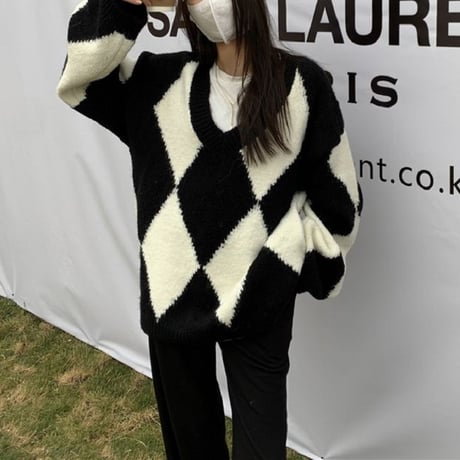 ダイヤ柄 ニット ニットセーター プルオーバー Vネック 長袖 ルーズ ゆったり レトロ 韓国ファッション レディース 大人可愛い ガーリー DTC-655919132061