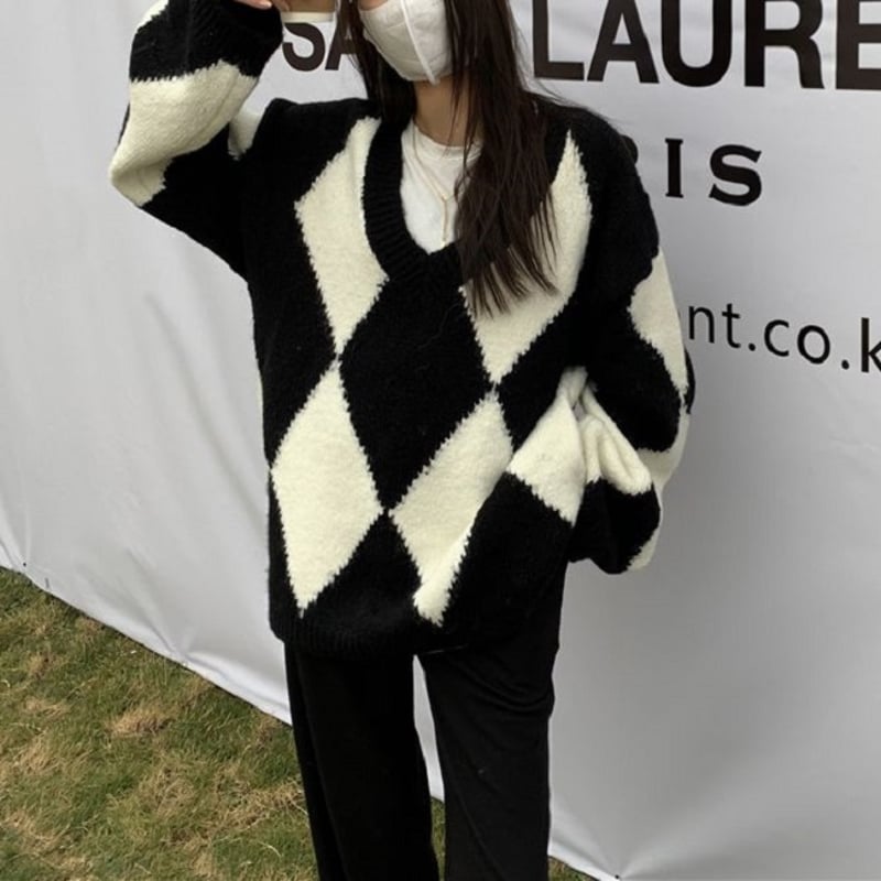 【韓国】 ニット セーター カーディガン ユニセックス ルーズ ダイヤ柄 ニット ニットセーター プルオーバー Vネック 長袖