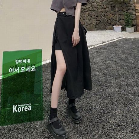 不規則デザイン スプリットスカート Aライン ハイウエスト ブラック 韓国ファッション レディース スカート 黒 大人可愛い ガーリー DTC-642828357858