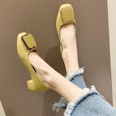 バックル付 パンプス チャンキーヒール 4cm 韓国ファッション レディース シンプル スクエアトゥ シューズ キュート 痛くない かわいい 歩きやすい 610846873186