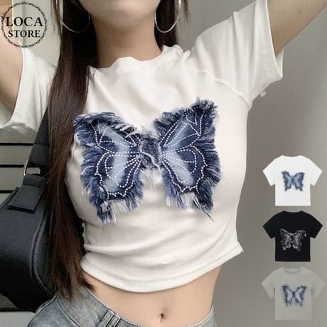 tシャツ バタフライ パッチワーク クロップド丈 ショート丈 スリムフィット トップス スリムトップス へそ出し 半袖 レトロ カジュアル ストリート女子 DTCA-780988742873