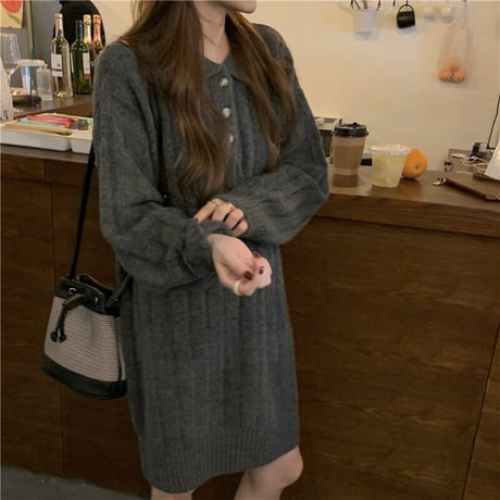 襟付き ニットワンピース ポロニット 厚手 ニット ワンピース ゆったり 韓国ファッション レディース カジュアル 大人可愛い ガーリー DTC-658628360608