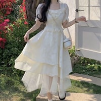イレギュラーヘム ワンピース 半袖 スクエアネック パフスリーブ 編み上げ シフォン フリル ハイウエスト 不規則デザイン 大人可愛い ガーリー フェミニン DTCA-783499649875