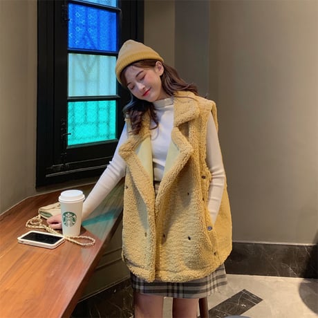 ボアベスト インナー付き セット 韓国ファッション レディース ボア ベスト アウター 羽織り ノースリーブ 体型カバー シンプル 大人カジュアル 韓国 (DTC-603949564868)