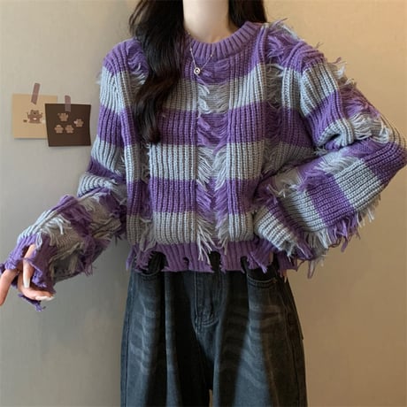 ボーダーニット ダメージ加工 フリンジ アプリコット パープル プルオーバー ダメージニット ニット ボーダー ショート丈 セーター 秋 冬 レトロ カジュアル DTCA-749285041716