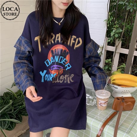 重ね着風 トップス フェイクレイヤード Tシャツ 切替 チェック柄 長袖 韓国ファッション レディース 大人可愛い ガーリー カジュアル ストリートファッション DTC-682533529922