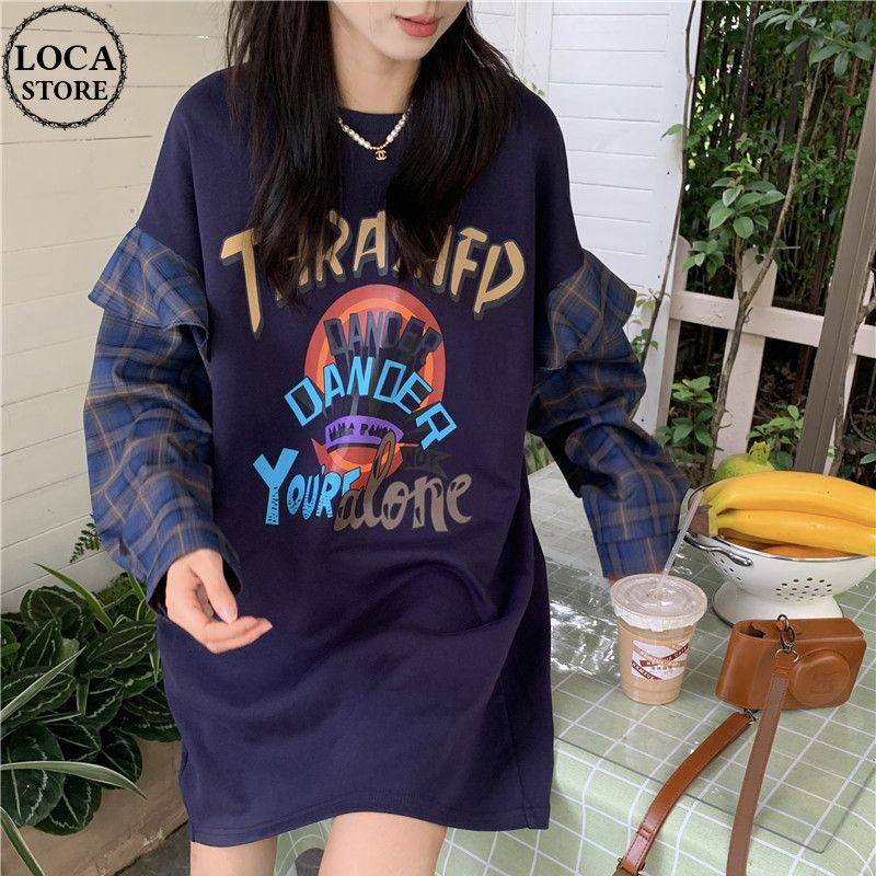 重ね着風 トップス フェイクレイヤード Tシャツ 切替 チェック柄 長袖
