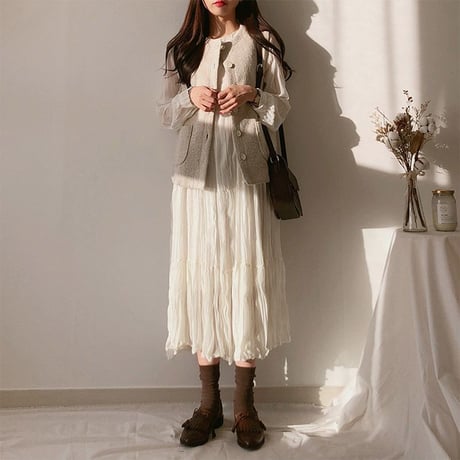 レディース ワンピース しわ加工 フレア ロング丈 レイヤード 重ね着風 フェミニン 韓国ファッション オルチャン (DCT-583465390564)