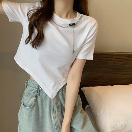 不規則デザイン クロップド丈 Tシャツ チェーンアクセサリー へそ出し 半袖 ルーズ 韓国ファッション レディース ショート丈 トップス 大人可愛い ガーリー DTC-641554527516